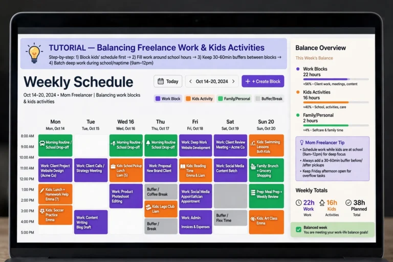 Weekly schedule planner showing flexible side hustle hours around family time