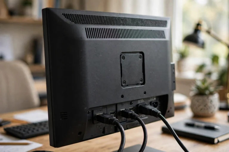Back panel of a computer monitor showing HDMI and DisplayPort inputs with cables