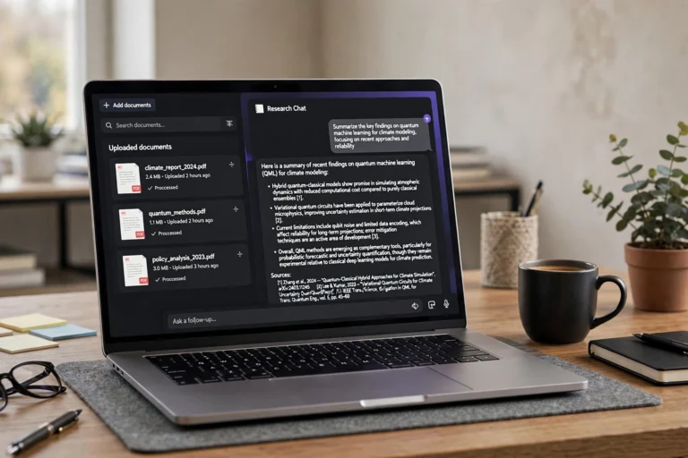 NotebookLM interface on a laptop showing uploaded documents and AI-generated answers with source citations