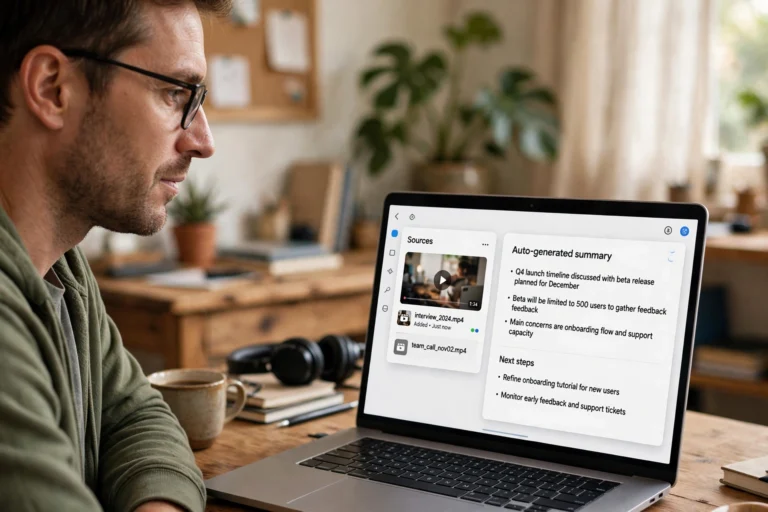 NotebookLM interface on a laptop showing a YouTube video added as a source with an AI summary