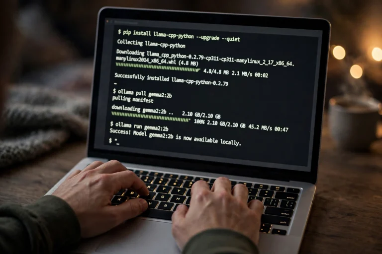 Old laptop running Ollama in a terminal window chatting with a local AI model offline