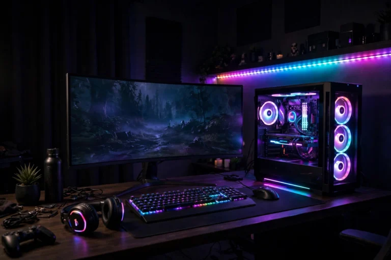 Complete PC gaming desk setup with a high refresh rate monitor running above 60Hz after fixing the connection