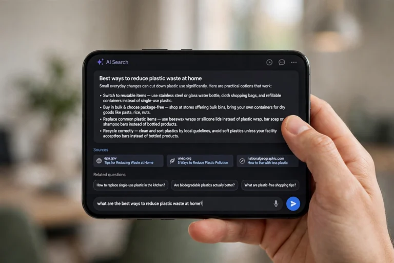 Smartphone showing the Perplexity AI mobile app with an answer, source links, and follow-up questions