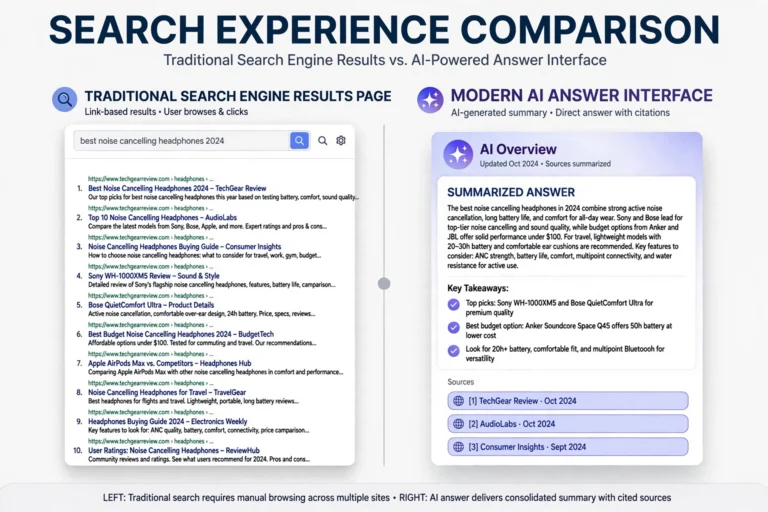 Side-by-side comparison of a traditional search results page with blue links versus an AI answer interface with a direct summary