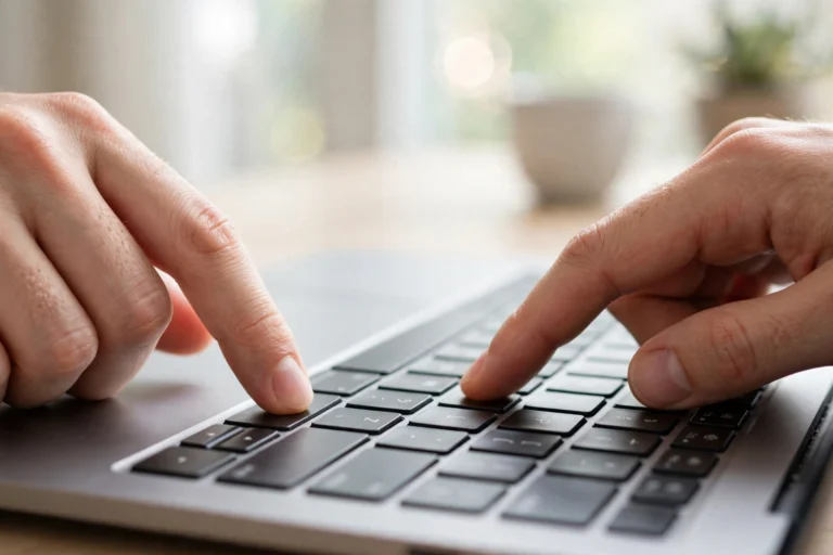 Close-up of hands using Ctrl+C and Ctrl+V keyboard shortcuts on a laptop