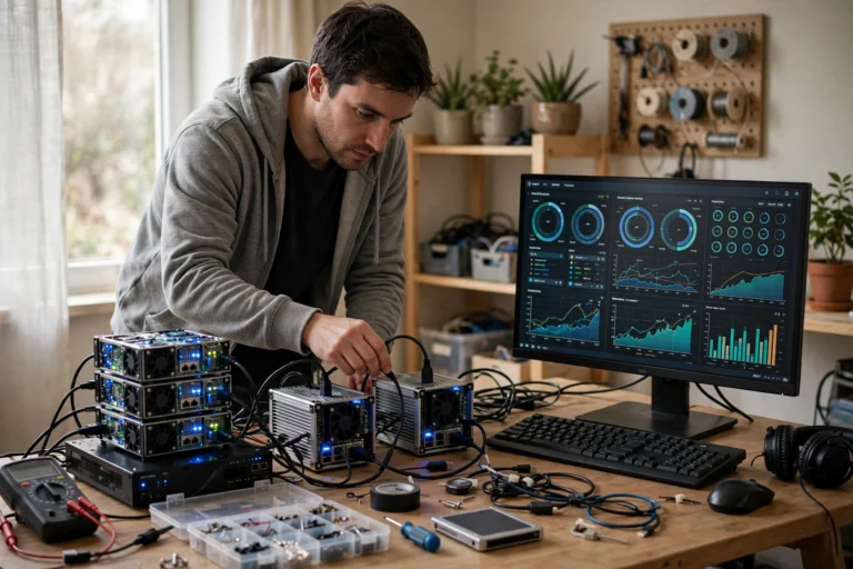 Person configuring a home lab server setup on a desk with multiple devices