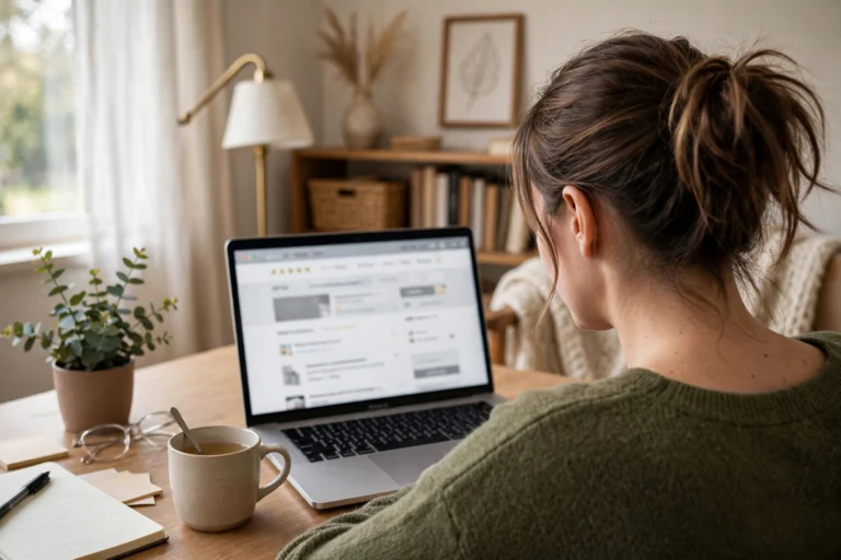 Beginner researching affiliate marketing programs and product reviews on a laptop at a home desk