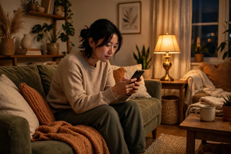 Person relaxing on a couch using a smartphone full of open source apps