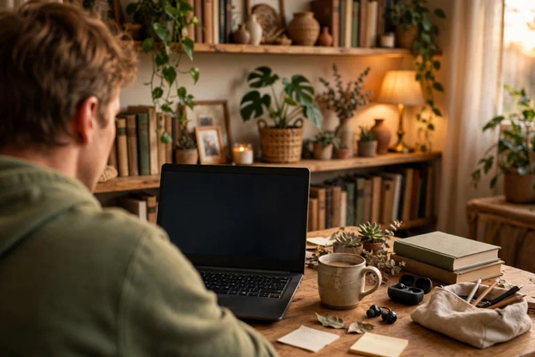 Person working on a laptop in a home office after changing what the power button does in Windows 11
