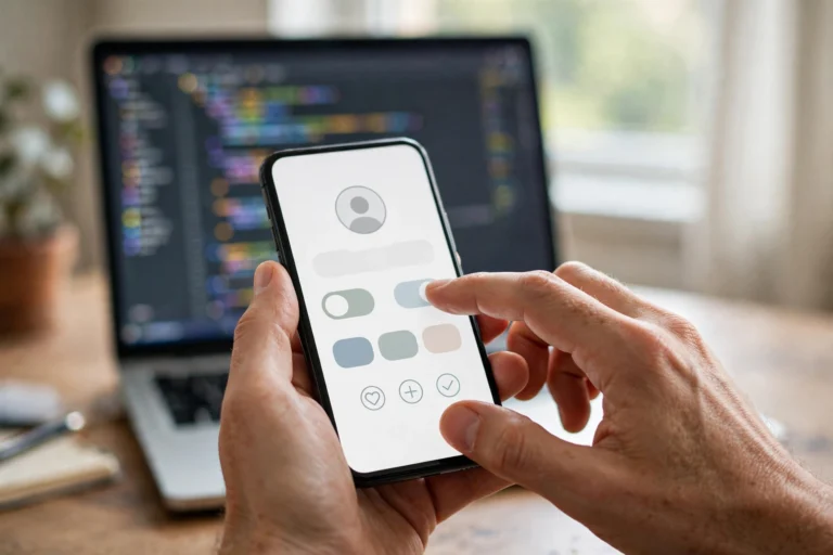 Hands holding a smartphone testing a newly built app, laptop with code blurred in the background
