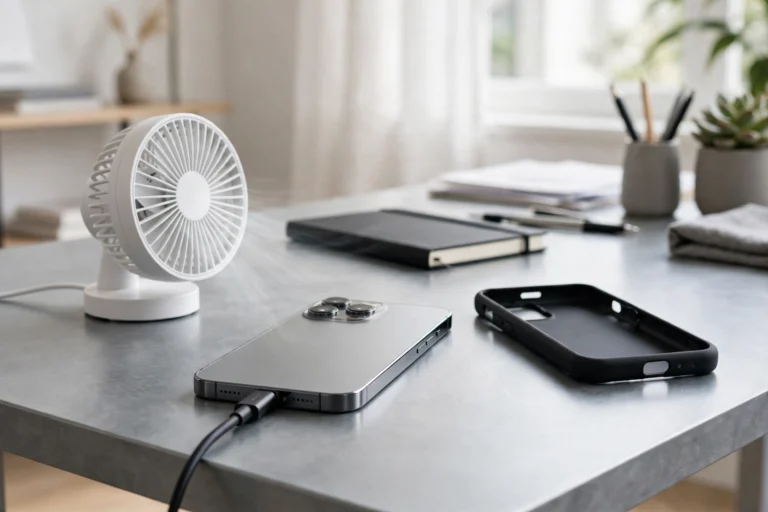 Android phone charging overnight on a cool hard desk surface with its case removed for better heat dissipation