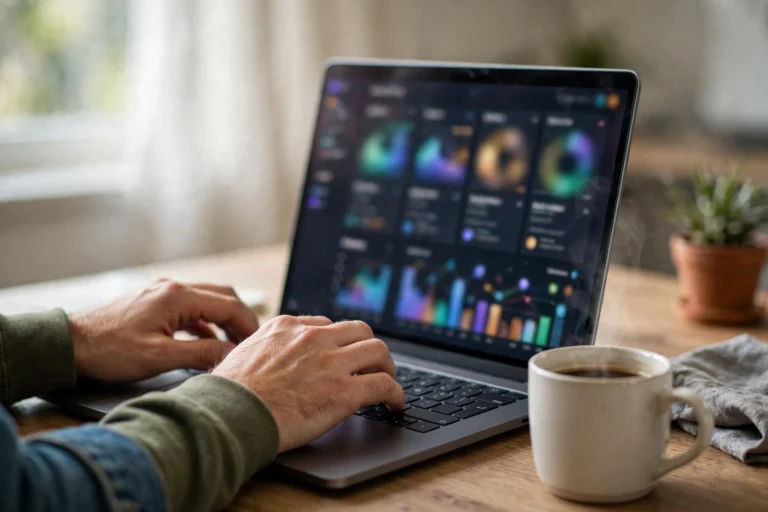 Hands typing on a laptop showing a Docker container management dashboard