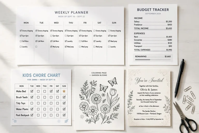 Flat lay of bestselling printable types: weekly planner, budget tracker, chore chart, invitation, and coloring page