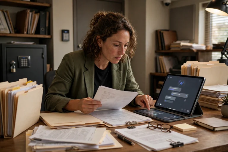 Person searching through private documents with an AI assistant on a tablet showing relevant results