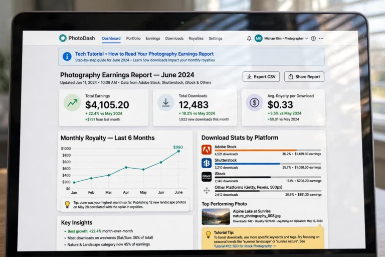 Earnings dashboard showing royalty payouts from selling stock photos online