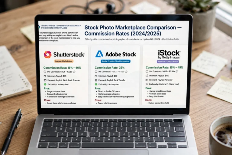 Stock photo selling platforms compared on a laptop screen