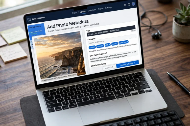 Photo upload and keywording workflow on a stock photography contributor dashboard