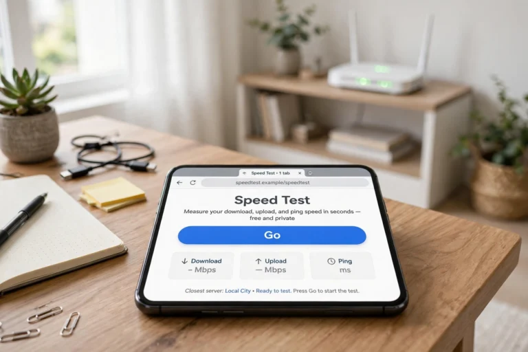 Smartphone browser showing the steps of running an online WiFi speed test