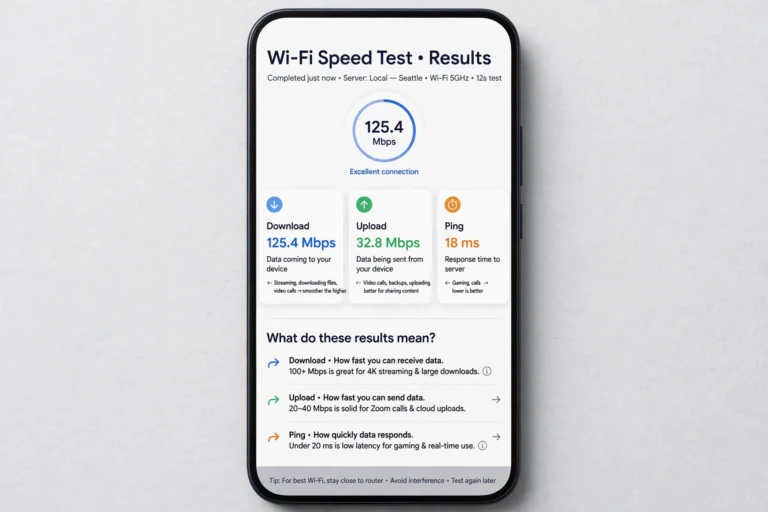 Diagram explaining download speed, upload speed, and ping on a phone speed test result screen