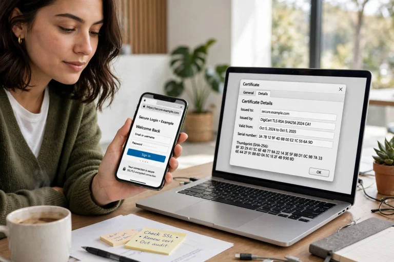 Person checking a website's secure padlock and certificate details on a smartphone and laptop