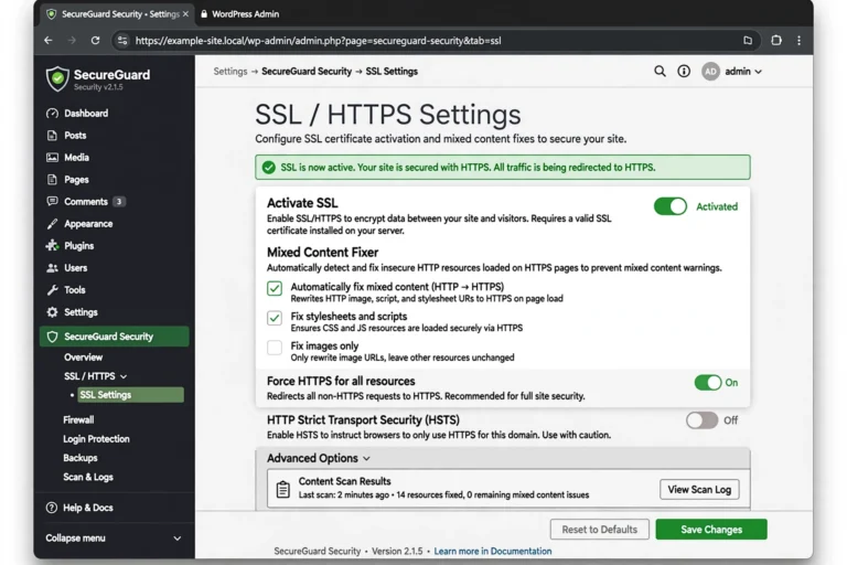 WordPress admin dashboard with an SSL plugin settings screen showing the Activate SSL toggle enabled
