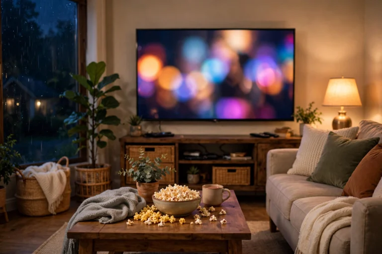 Family enjoying a movie night with fast streaming on a big TV in the living room