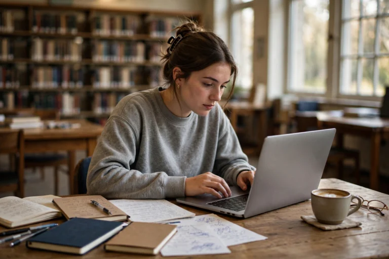 College student writing an essay on a laptop in a library with notebooks nearby