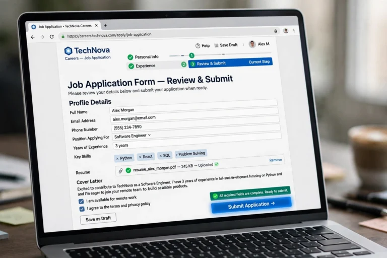Teenager applying for an online job on a laptop with application form visible