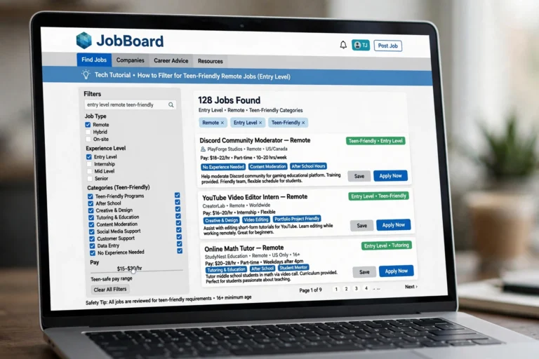 List of online job options for teenagers displayed on a laptop screen