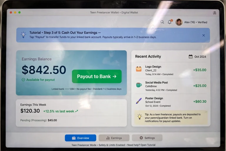 Online earnings dashboard showing payment received for teen freelance work