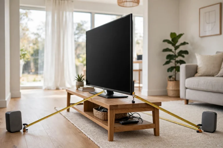 TV positioned at seated ear level on a media stand to make TV speakers sound better without a soundbar