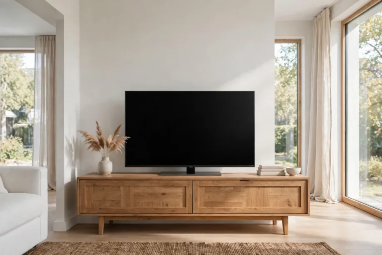 Smart TV on a media console in a bright living room after ACR and privacy settings are turned off
