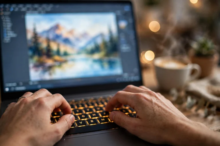 Hands typing a detailed image generation prompt on a laptop keyboard with a glowing screen