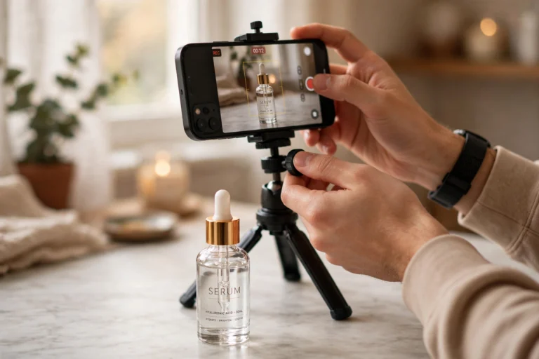 Creator adjusting a smartphone on a tripod while filming a product review video