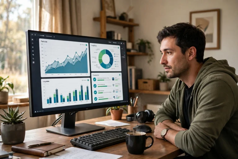 Freelancer checking Upwork earnings and completed contracts on a monitor