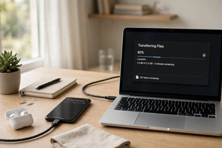 USB cable connecting a smartphone to a laptop for transferring photo files