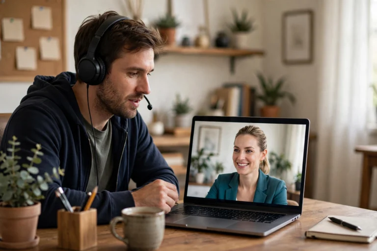 Virtual assistant on a video call with a new client discussing tasks on a laptop