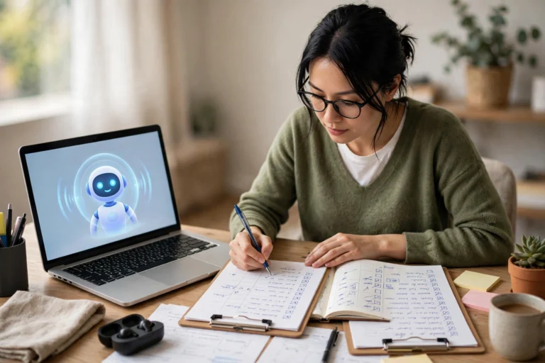 Virtual assistant organizing daily client tasks with a checklist and planner beside a laptop