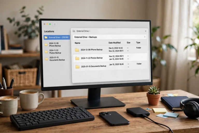 Computer screen showing an iPhone backup folder on an external drive with backup date details