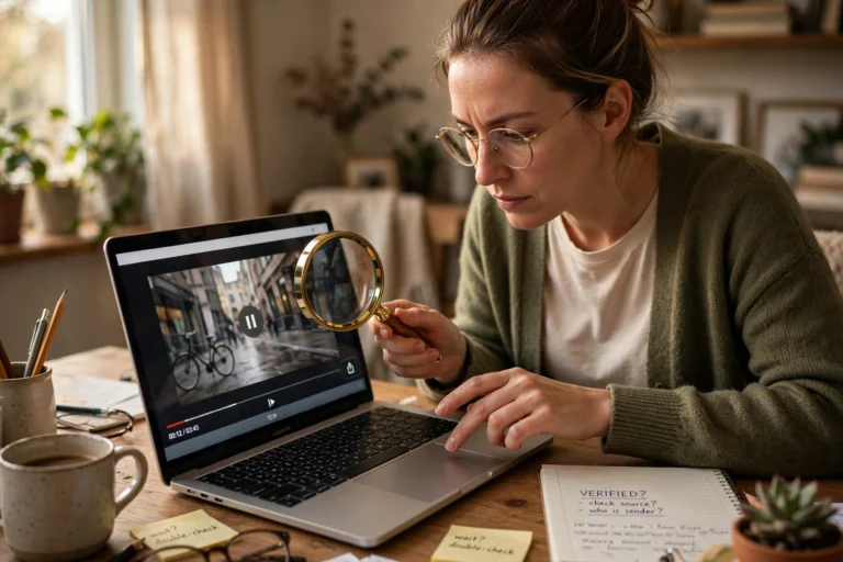Person carefully examining a video on a laptop screen before deciding to share it