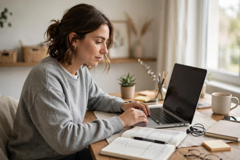 Virtual assistant working from a tidy home desk with a laptop and planner