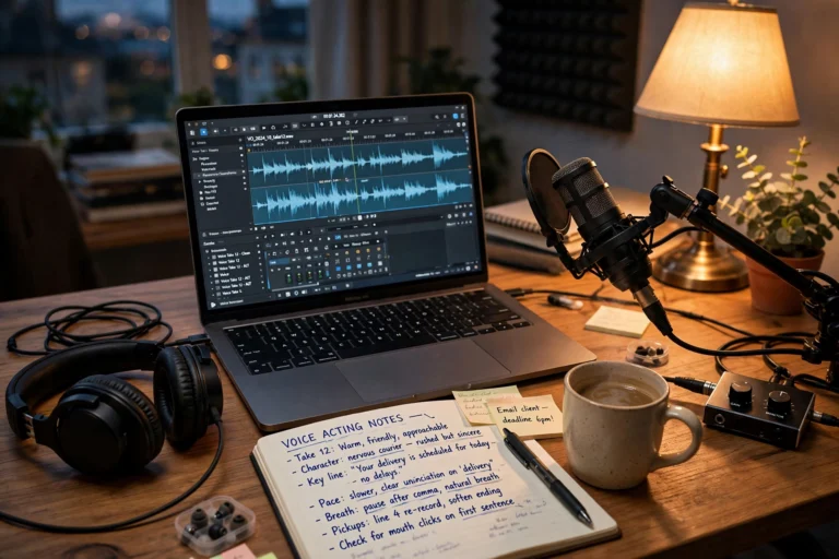 Home voice actor editing audio waveforms with headphones and microphone at desk
