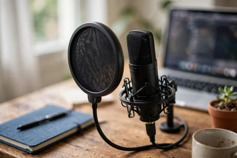 USB condenser microphone with pop filter on a home desk for voice acting