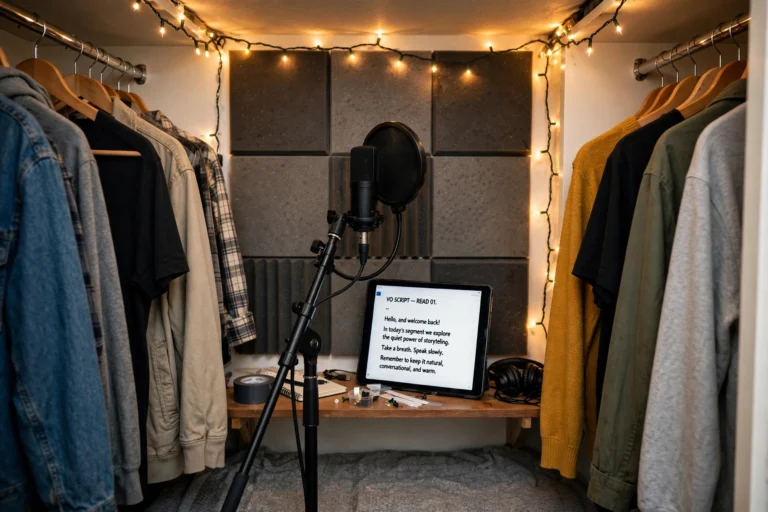 DIY home voiceover booth converted from a closet with microphone and acoustic treatment