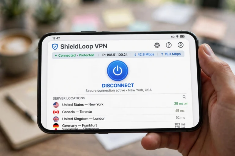 Smartphone showing a VPN app with a connect button and server list