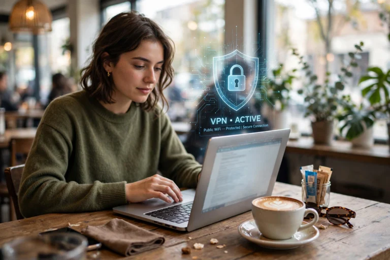 Person using a laptop at a coffee shop protected by a VPN shield on public WiFi