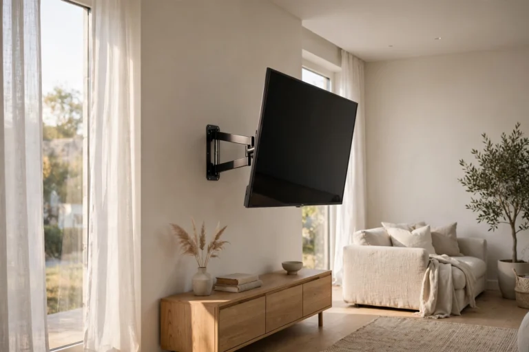 Wall-mounted TV with clearance from the wall so built-in speakers sound better without a soundbar