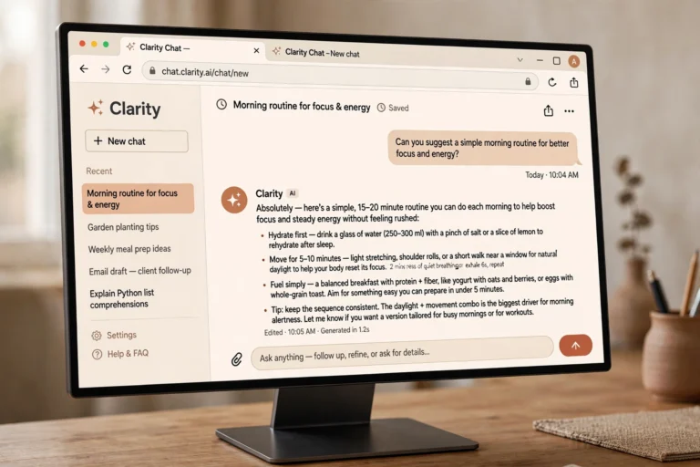 Claude-style chat interface with a sidebar of past conversations, an active chat in the center, and a message box at the bottom