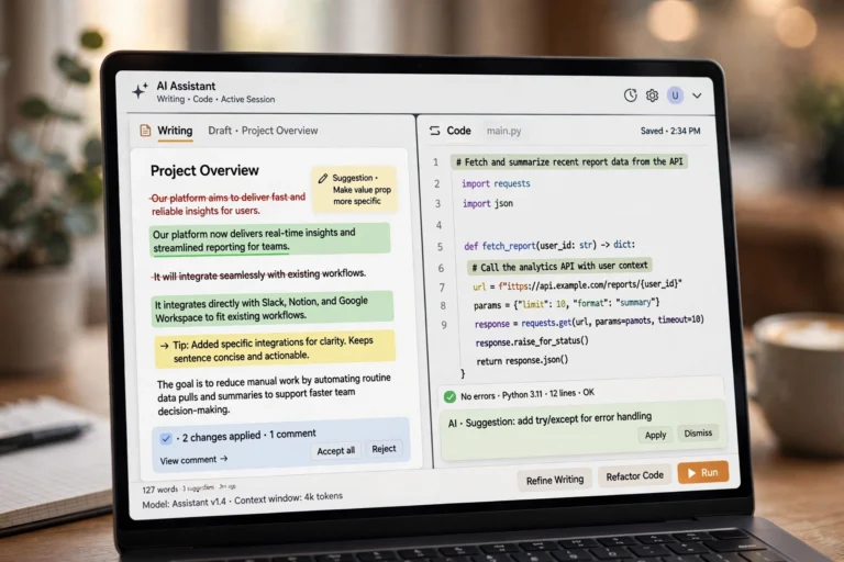 AI assistant interface showing writing edits on one side and a code snippet with syntax highlighting on the other