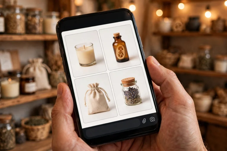 Smartphone showing a WhatsApp Business product catalog with items and prices